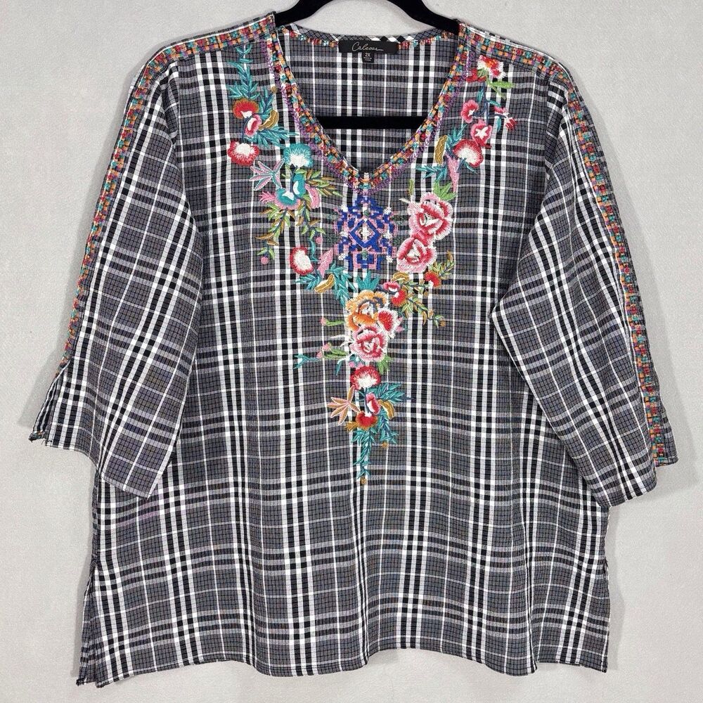 Calessa Floral Embroidered Tunic Womens 2X Black White Plaid V Neck Popover Top